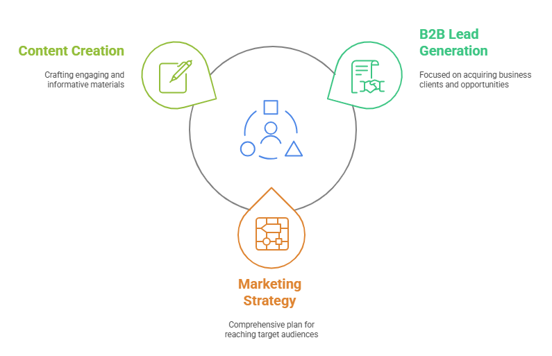 Role instructions in prompt engineering: An illustration with sticky notes labeled 'B2B Lead Generation,' 'Marketing Strategy,' and 'Content Creation,' representing domain-specific instructions. 